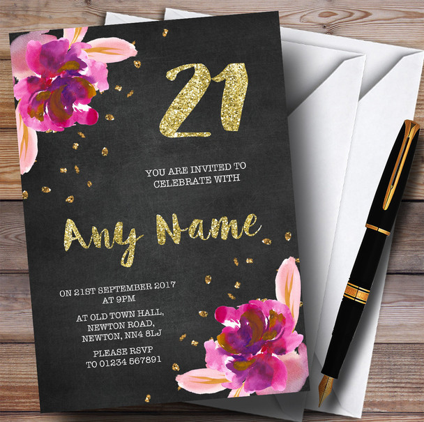 Chalk Gold Confetti Pink Flowers 21st Personalized Birthday Party Invitations