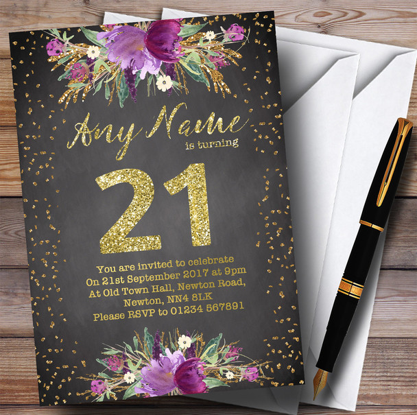 Chalk Watercolour Purple Gold 21st Personalized Birthday Party Invitations