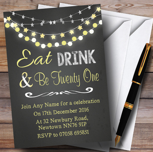 Chalk Yellow Lights 21st Personalized Birthday Party Invitations