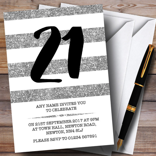 Glitter Silver & White Striped 21st Personalized Birthday Party Invitations
