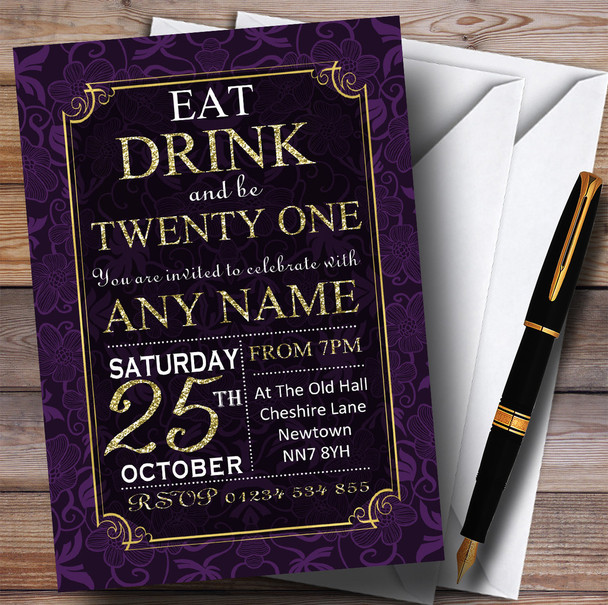 Purple & Gold Flowers 21st Personalized Birthday Party Invitations