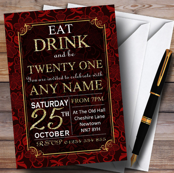 Red & Gold Flowers 21st Personalized Birthday Party Invitations Red & Gold Flowers 21st Personalized Birthday Party Invitations