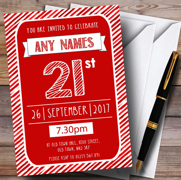 Red & White Stripy Deco 21st Personalized Birthday Party Invitations
