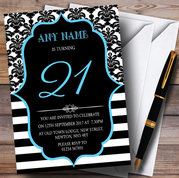 Vintage Damask Blue 21st Personalized Birthday Party Invitations