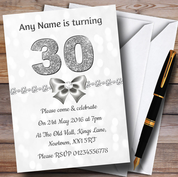 White Bokeh & Silver Glitter Look 30Th Personalized Birthday Party Invitations