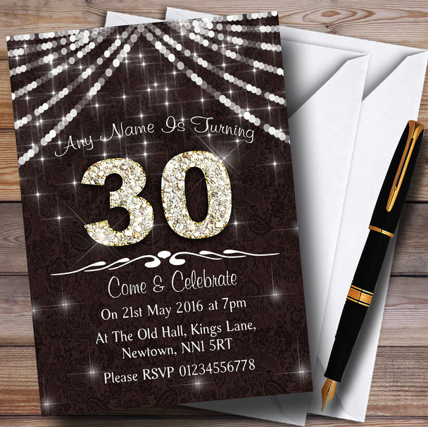 30Th Brown & White Bling Sparkle Birthday Party Personalized Invitations