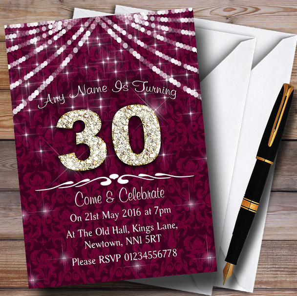 30Th Cranberry & White Bling Sparkle Birthday Party Personalized Invitations