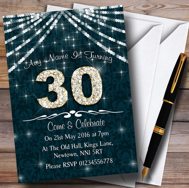 30Th Turquoise & White Bling Sparkle Birthday Party Personalized Invitations