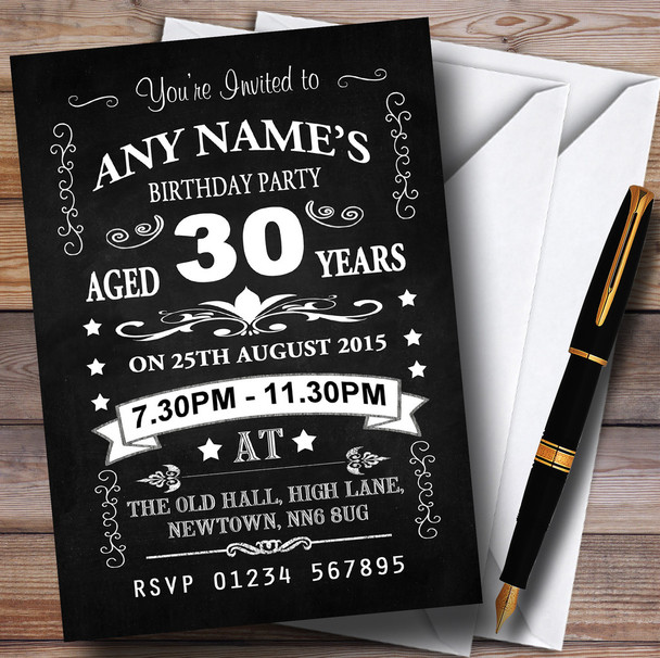 Vintage Chalkboard Style Black And White 30Th Birthday Party Personalized Invitations