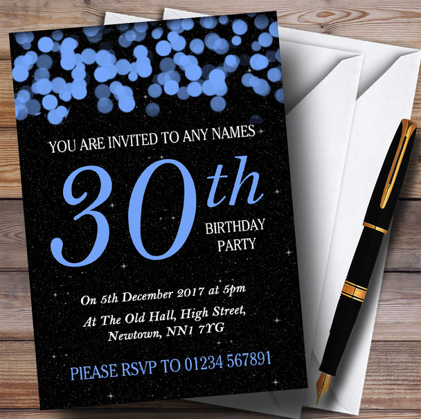 Blue Bokeh & Stars 30th Personalized Birthday Party Invitations