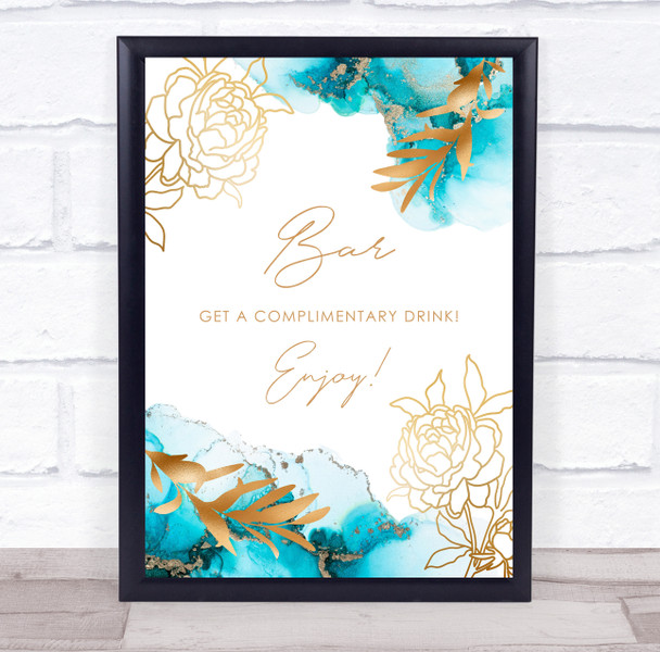 Bar Free Drink Watercolor Teal Blue Gold Floral Personalized Party Sign