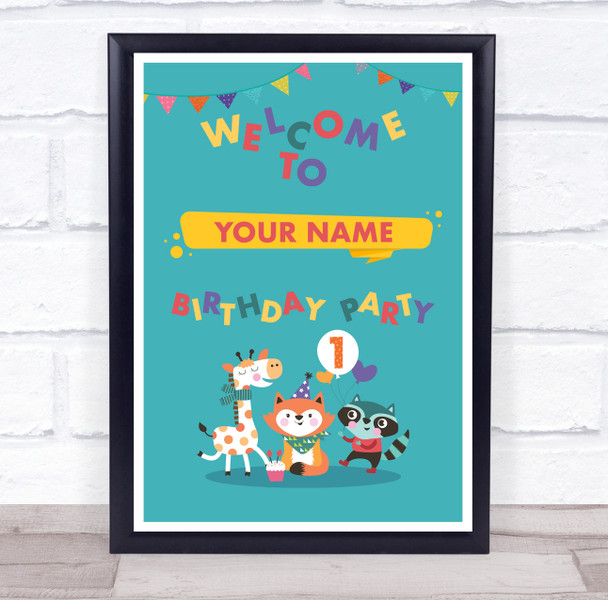 Cartoon Animals Blue Welcome To Birthday Personalized Event Party Sign