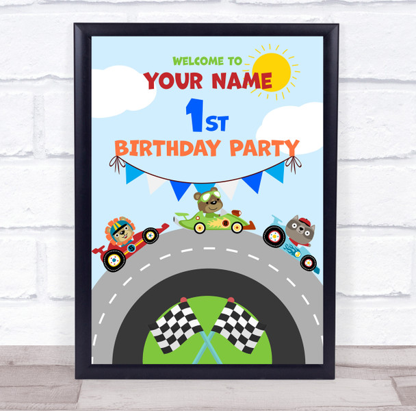Circular Racing Car Track Cute Animals Birthday Personalized Event Party Sign