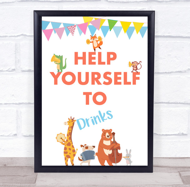 Cute Animals Birthday Help Yourself To Drinks Personalized Party Sign