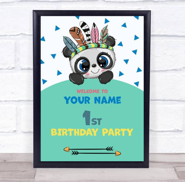 Cute Panda Blue Triangle Welcome Birthday Personalized Event Party Sign