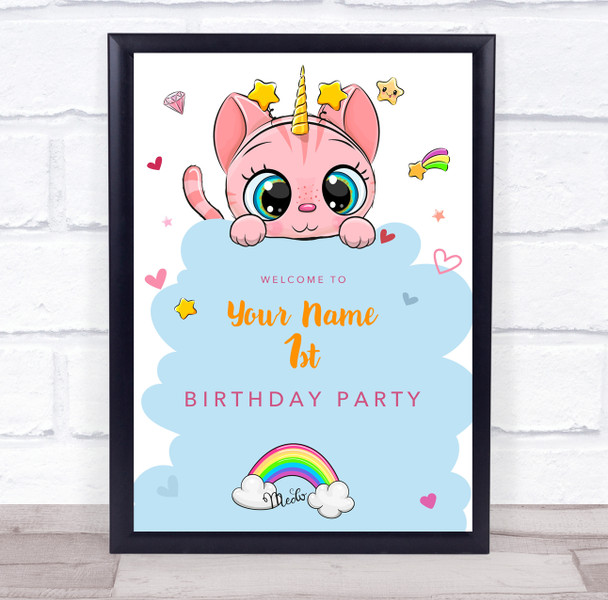 Cute Pink Unicorn Cat Welcome Birthday Personalized Event Party Decoration Sign