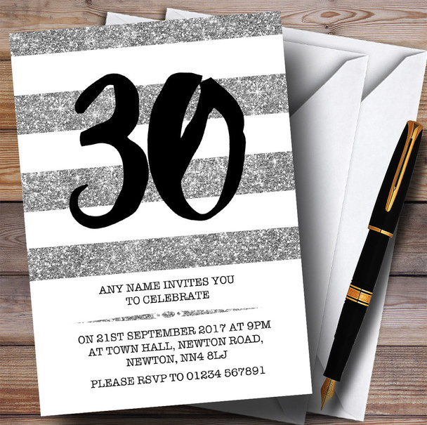 Glitter Silver & White Striped 30th Personalized Birthday Party Invitations