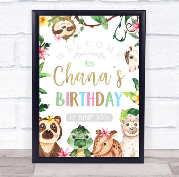 Jungle Baby Animals Birthday Pink Flowers Welcome Birthday Personalized Party Sign