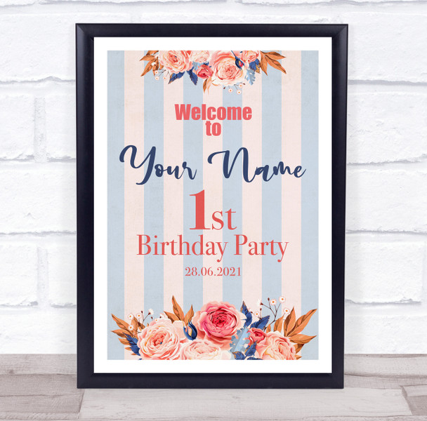 Pastel Pink And Blue Stripes Floral Birthday Personalized Event Party Sign Pastel Pink And Blue Stripes Floral Birthday Personalized Event Party Sign
