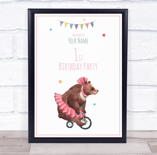 Pink Bear On Bike Birthday Personalized Event Occasion Party Decoration Sign