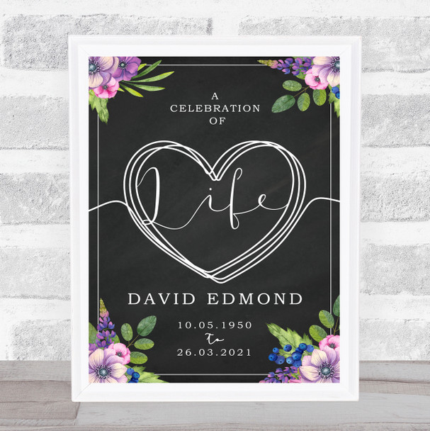 Purple Bouquet & Chalk A Celebration Of Life Heart Funeral Personalized Sign