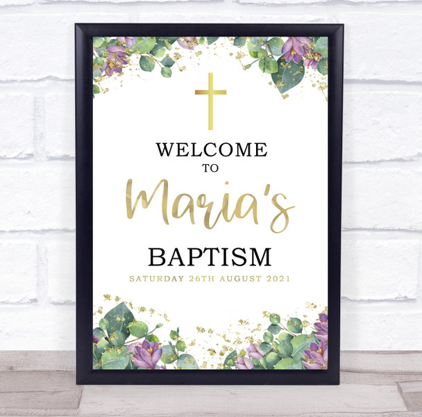 Purple Floral & Gold Baptism Personalized Event Occasion Party Decoration Sign
