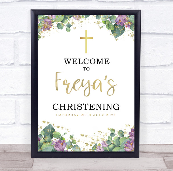 Purple Floral & Gold Christening Personalized Event Party Decoration Sign
