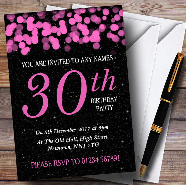 Pink Bokeh & Stars 30th Personalized Birthday Party Invitations