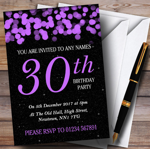 Purple Bokeh & Stars 30th Personalized Birthday Party Invitations