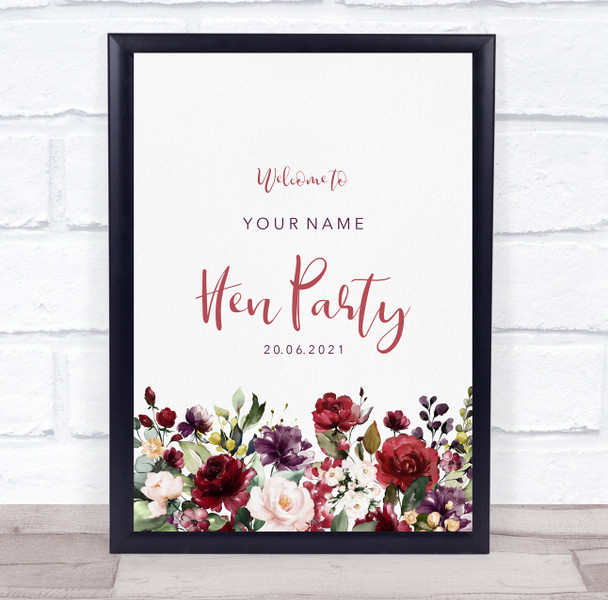 Welcome To Hen Red Rose Floral Personalized Event Occasion Party Decoration Sign