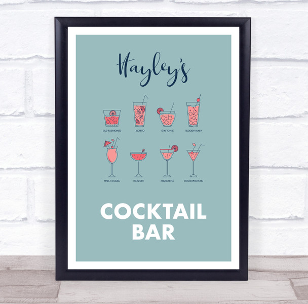 Multiple Drinks Blue And Pink Cocktail Bar Room Personalized Wall Art Sign