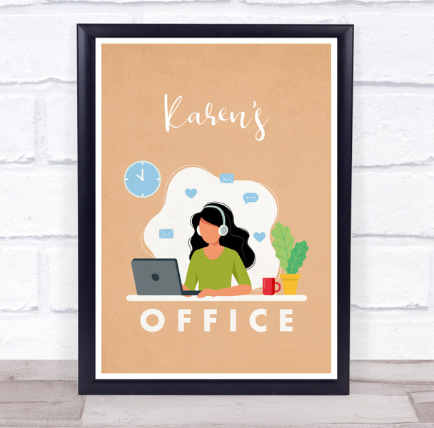 Office Black Hair Headphone Simple Laptop Room Personalized Wall Art Sign