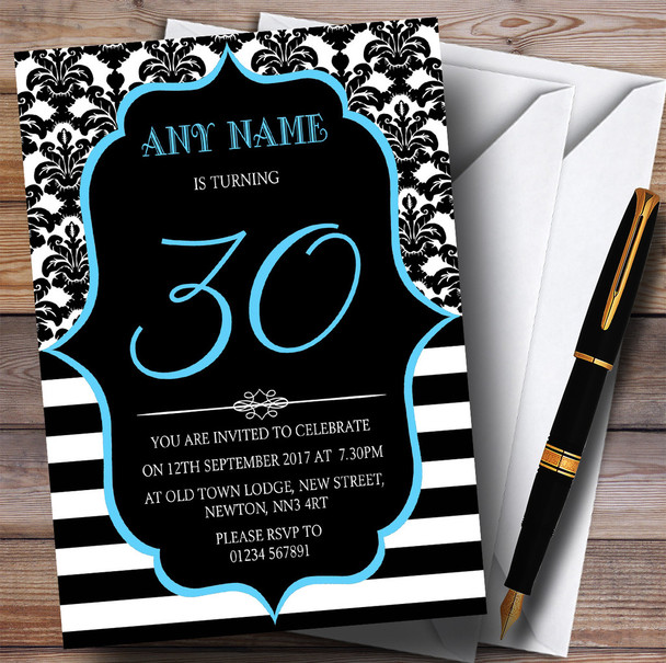 Vintage Damask Blue 30th Personalized Birthday Party Invitations