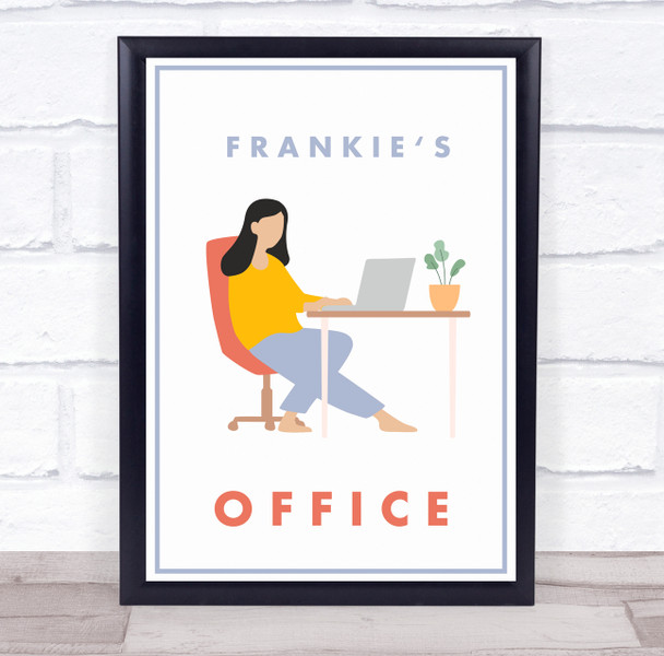 Office Woman Black Hair Simple Laptop Room Personalized Wall Art Sign