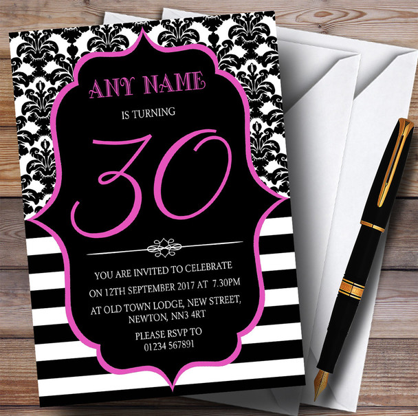 Vintage Damask Pink 30th Personalized Birthday Party Invitations