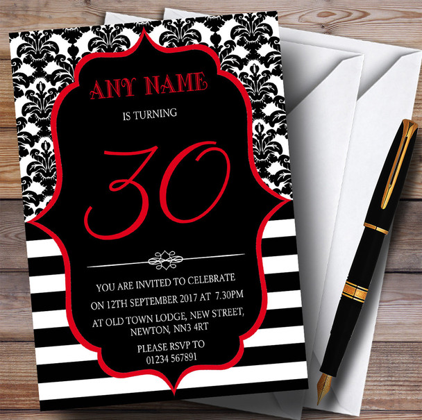 Vintage Damask Red 30th Personalized Birthday Party Invitations