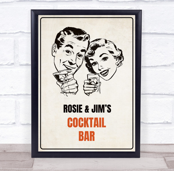 Vintage Couple Orange Cocktail Bar Room Personalized Wall Art Sign