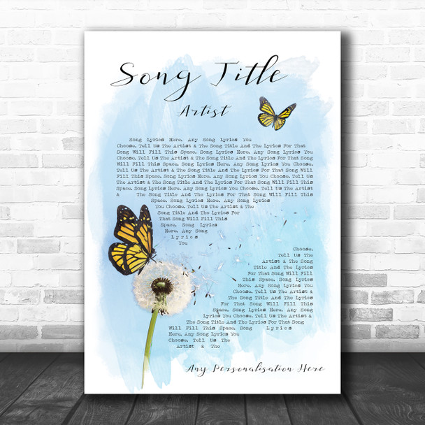 Butterfly & Dandelion Blue Any Song Lyric Personalized Music Wall Art Print