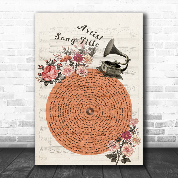 Floral Gramophone Vintage Record Any Song Lyric Personalized Music Art Print