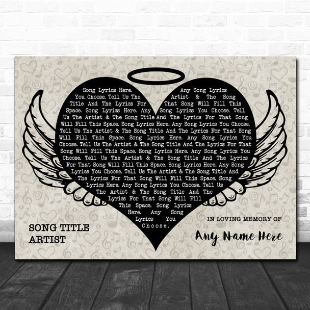 Heart Angel Wings Halo Memorial Any Song Lyric Personalized Music Wall Art Print