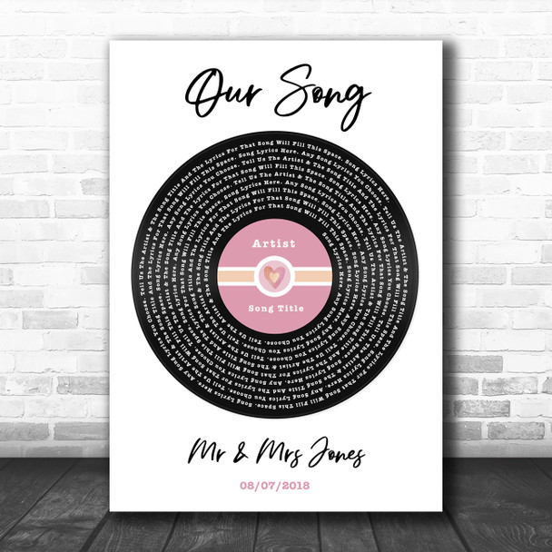 Pink Heart Vinyl Record Label Any Song Lyric Personalized Music Wall Art Print