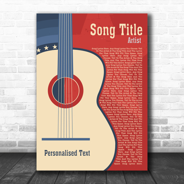 USA Red Blue Country Western Guitar Any Song Lyric Personalized Music Art Print