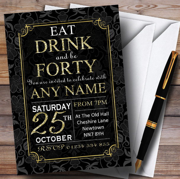 Black & Gold Flowers 40th Personalized Birthday Party Invitations