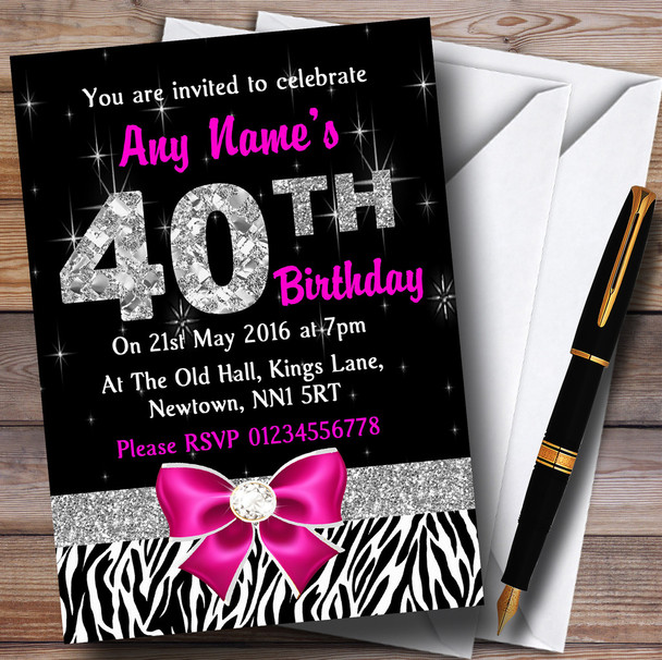 Pink Diamond And Zebra Print 40Th Birthday Party Personalized Invitations