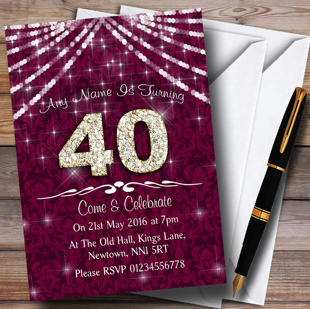 40Th  Cranberry & White Bling Sparkle Birthday Party Personalized Invitations