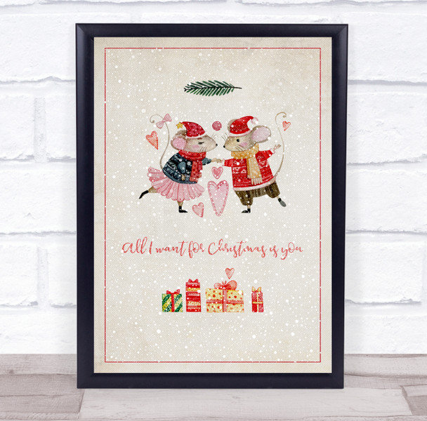 All I Want For Christmas Is You With Snow Mice Couple Christmas Wall Art Print