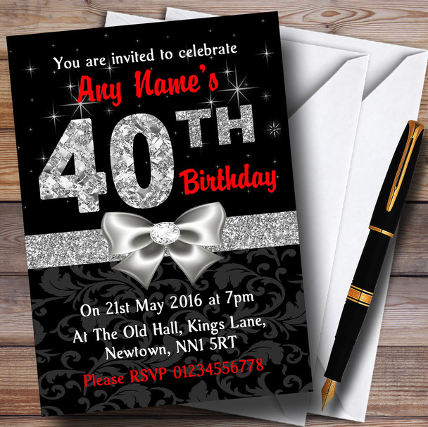 Red Black Silver Diamond 40Th Birthday Party Personalized Invitations