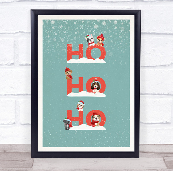 Dogs Teal Portrait Christmas Ho Ho Ho Wall Art Print