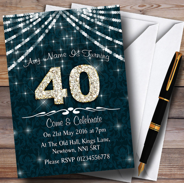 40Th Turquoise & White Bling Sparkle Birthday Party Personalized Invitations
