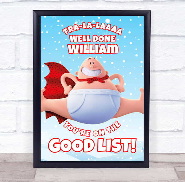 Captain Underpants' Christmas Good List Snow Blue Personalized Certificate Award